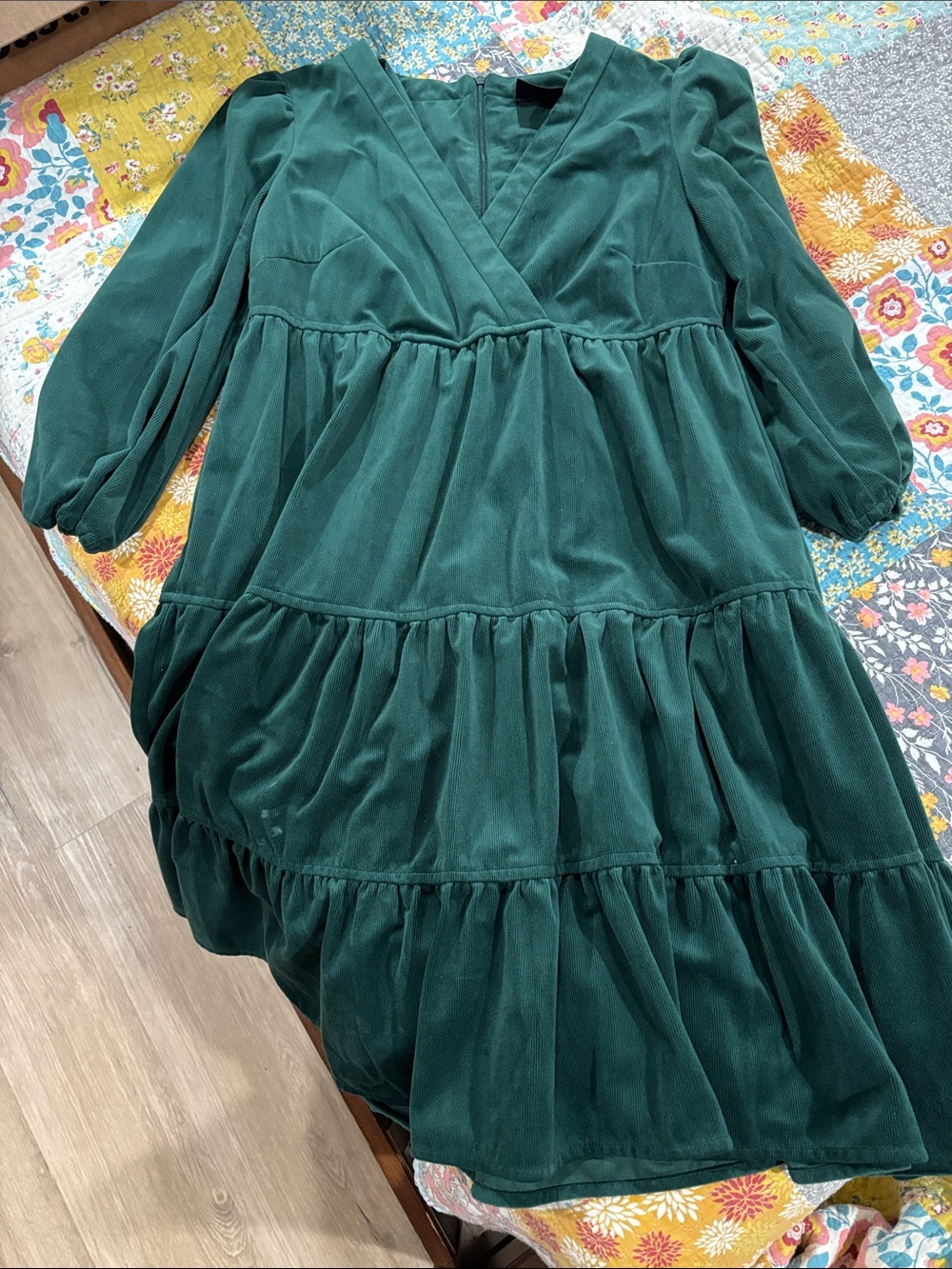 Maison Tara Deep Green Tiered V-Neck Corduroy Dress